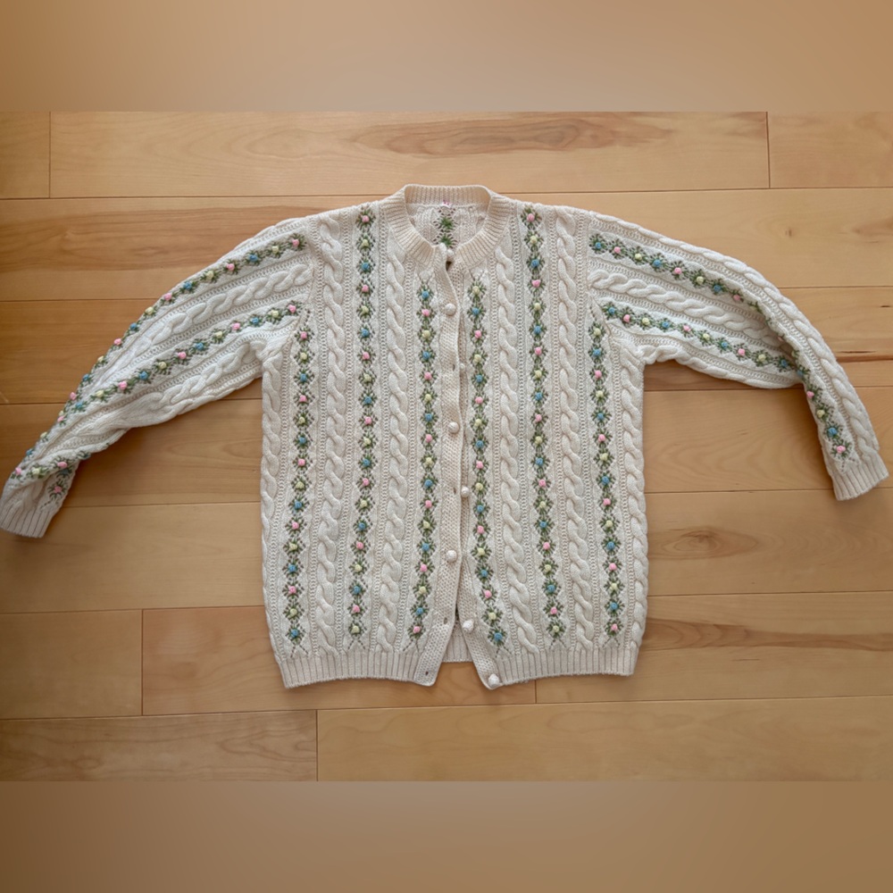 Classic Cream Cable-Knit Floral Cardigan Sweater